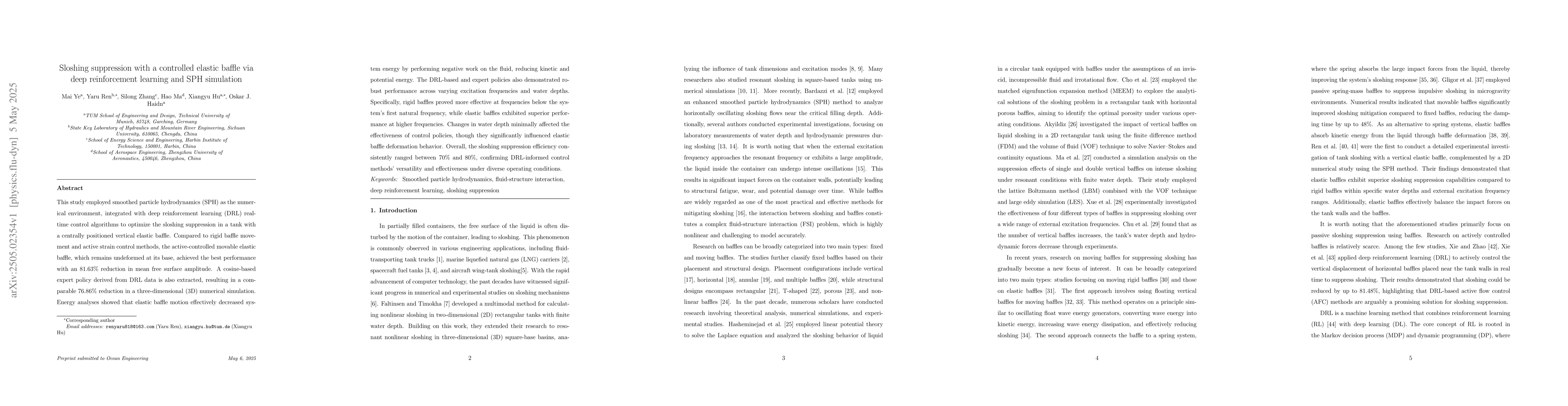 Thumbnail for Sloshing suppression with a controlled elastic baffle via deep
  reinforcement learning and SPH simulation
