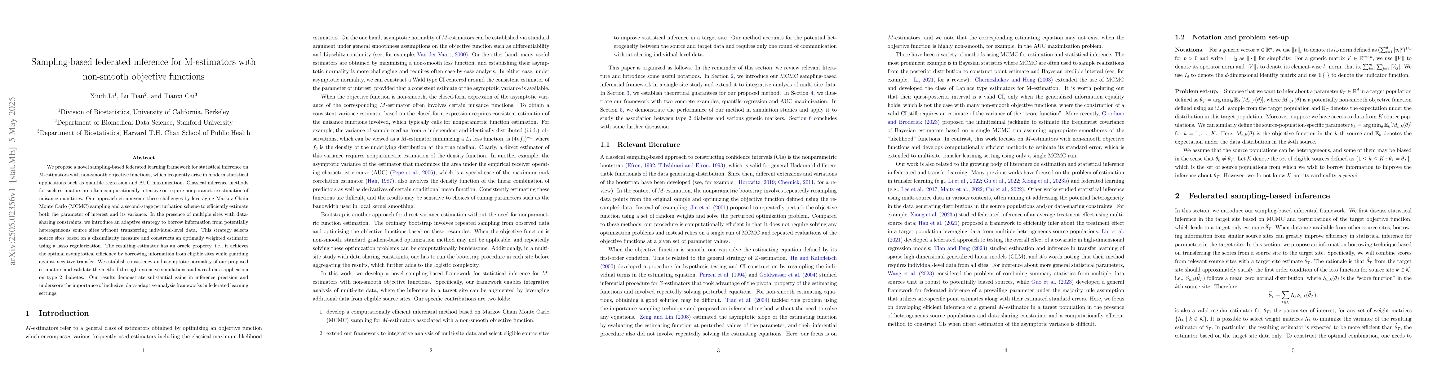 Thumbnail for Sampling-based federated inference for M-estimators with non-smooth
  objective functions