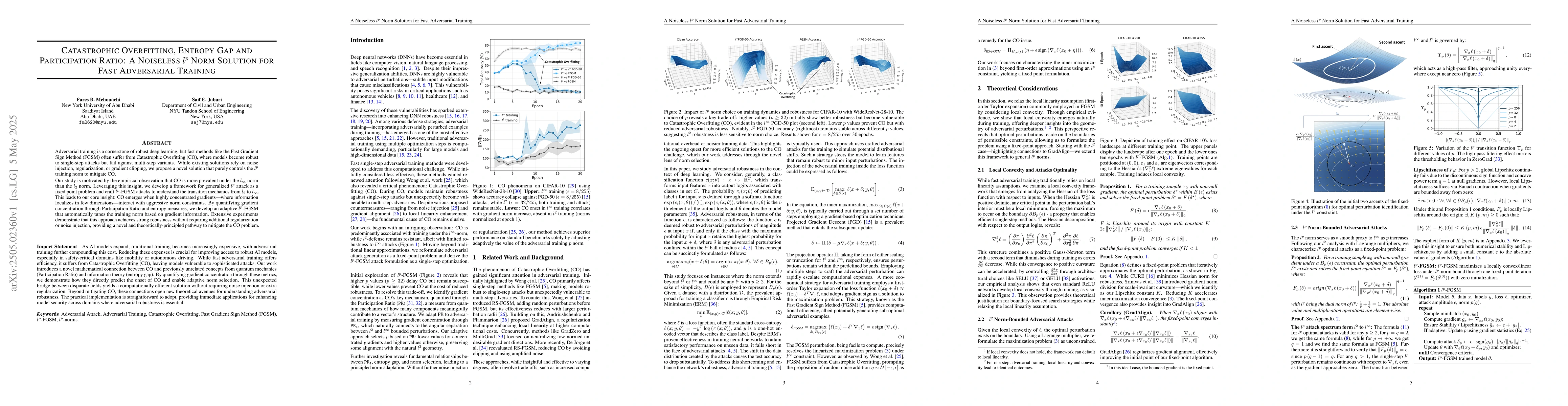 Thumbnail for Catastrophic Overfitting, Entropy Gap and Participation Ratio: A
  Noiseless $l^p$ Norm Solution for Fast Adversarial Training