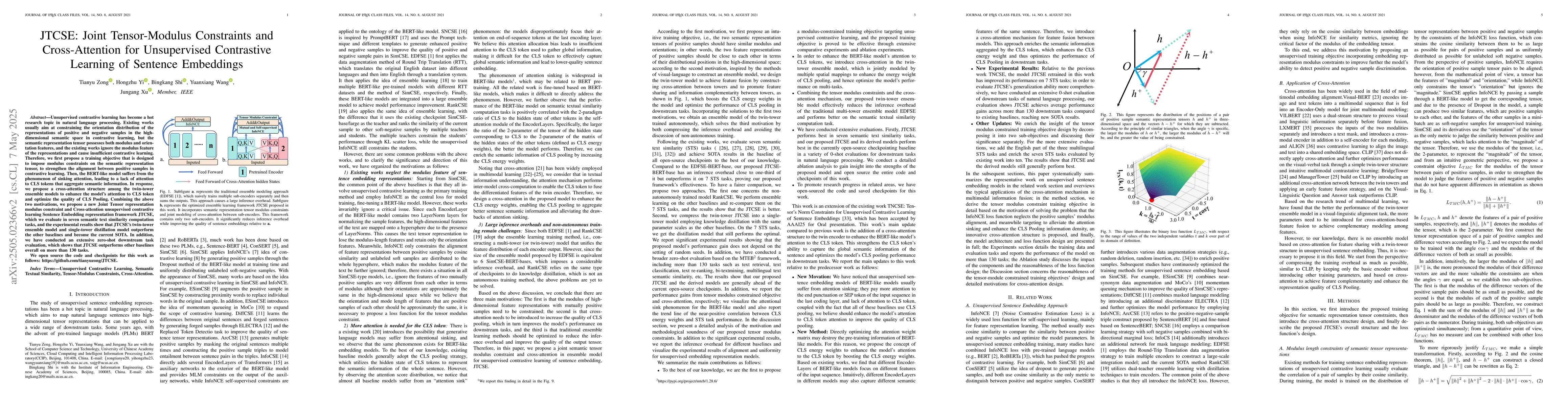 Thumbnail for JTCSE: Joint Tensor-Modulus Constraints and Cross-Attention for
  Unsupervised Contrastive Learning of Sentence Embeddings