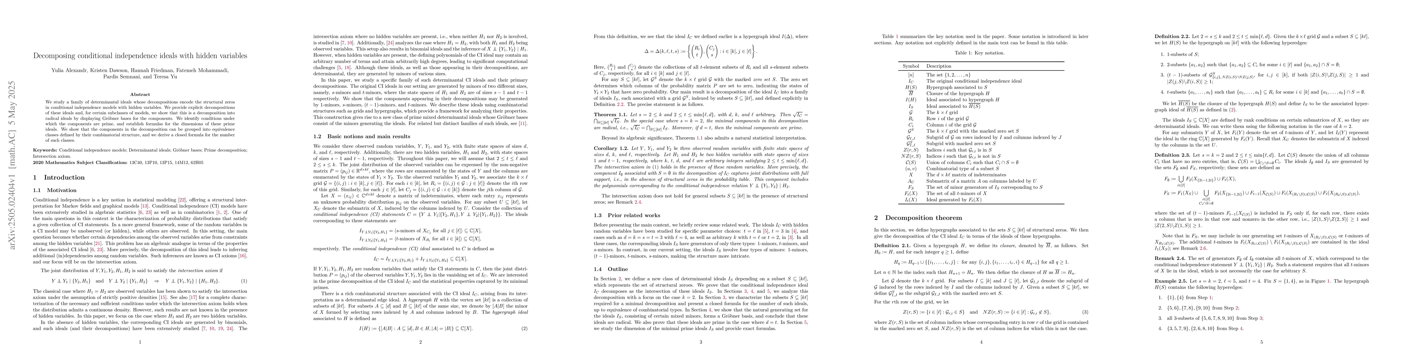 Thumbnail for Decomposing conditional independence ideals with hidden variables
