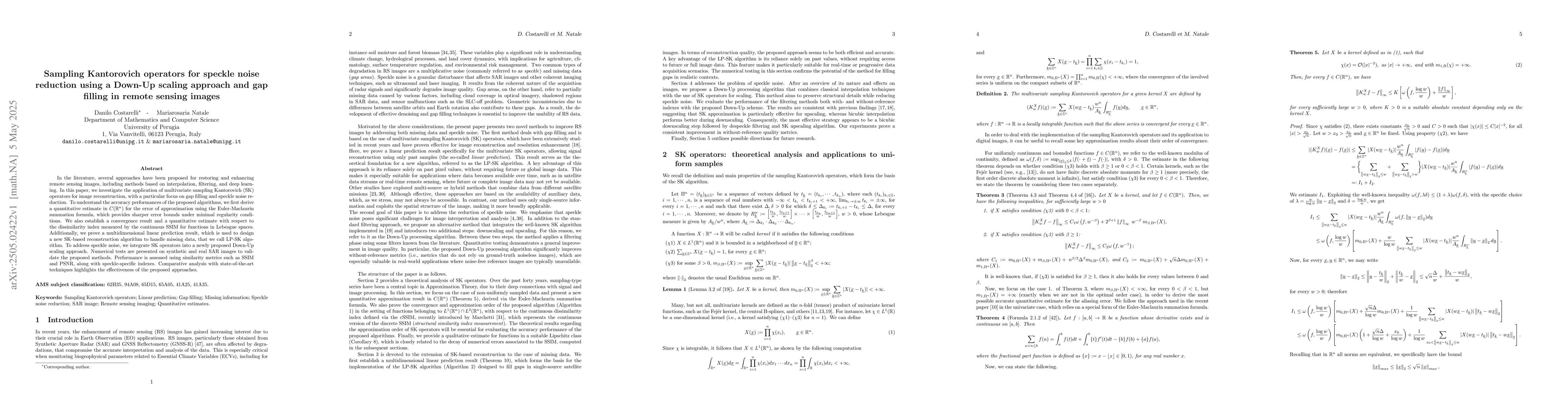 Thumbnail for Sampling Kantorovich operators for speckle noise reduction using a
  Down-Up scaling approach and gap filling in remote sensing images