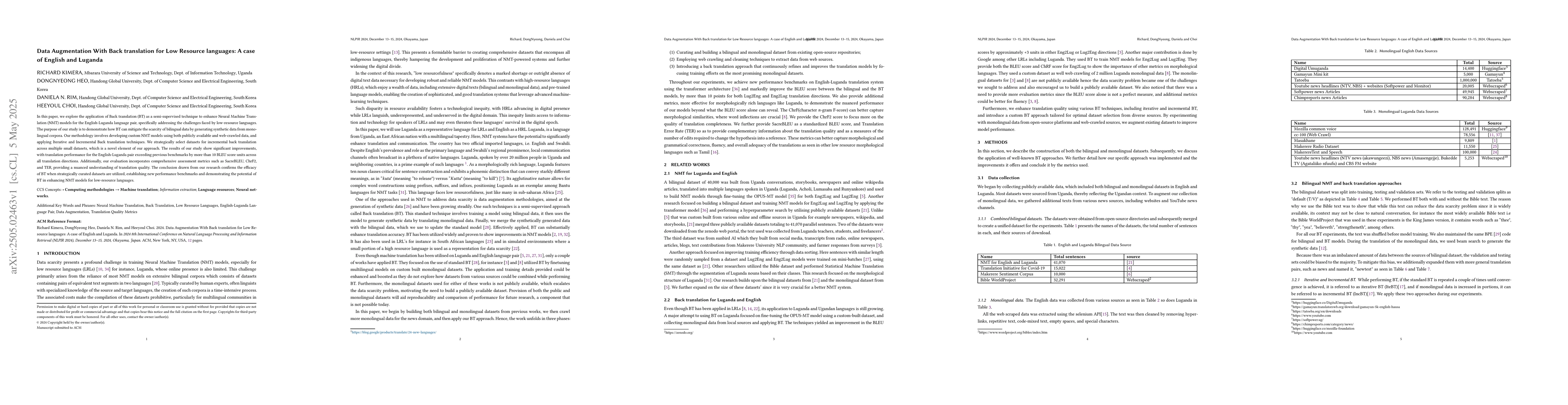 Thumbnail for Data Augmentation With Back translation for Low Resource languages: A
  case of English and Luganda