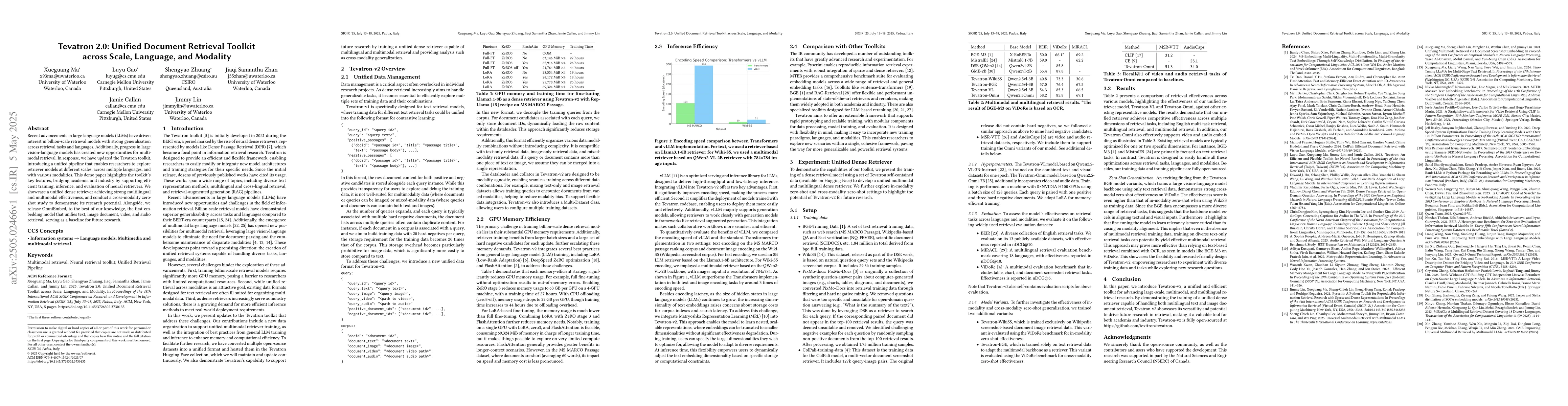 Thumbnail for Tevatron 2.0: Unified Document Retrieval Toolkit across Scale, Language,
  and Modality