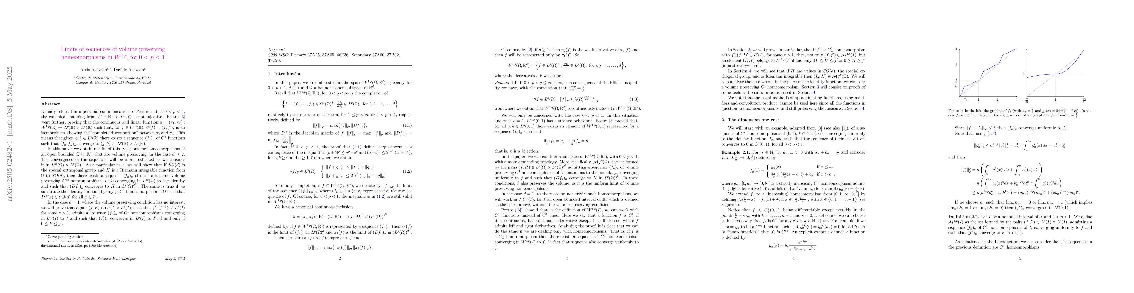 Thumbnail for Limits of sequences of volume preserving homeomorphisms in $W^{1,p}$,
  for $0<p<1$