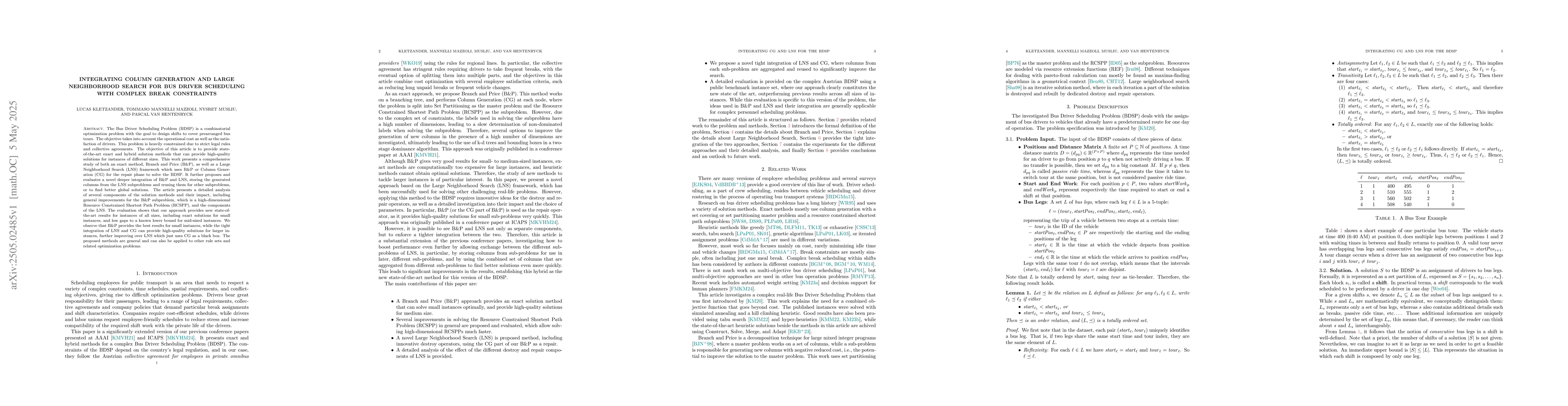 Thumbnail for Integrating Column Generation and Large Neighborhood Search for Bus
  Driver Scheduling with Complex Break Constraints