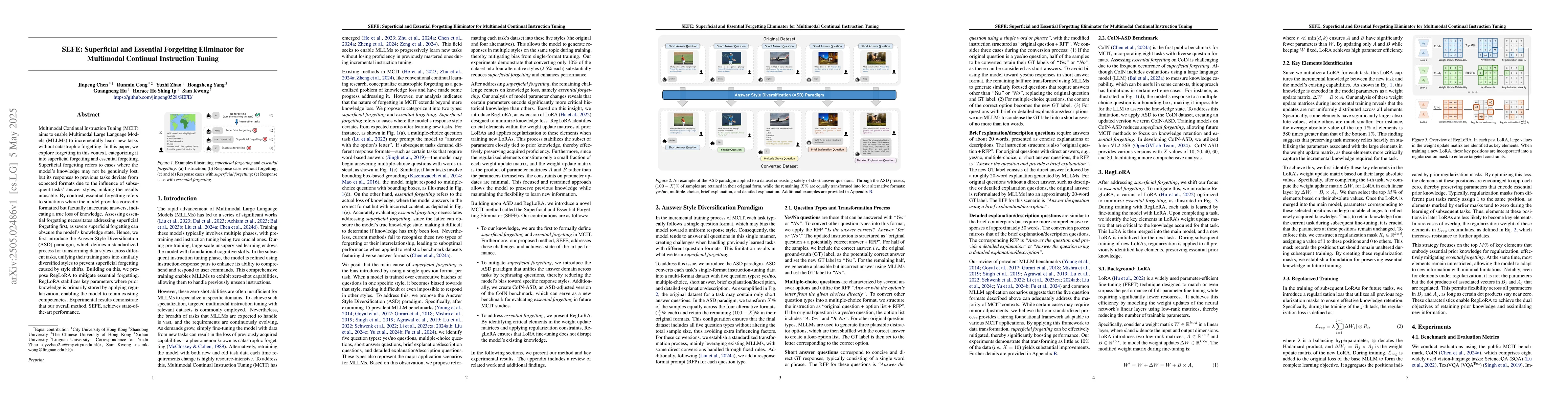 Thumbnail for SEFE: Superficial and Essential Forgetting Eliminator for Multimodal
  Continual Instruction Tuning