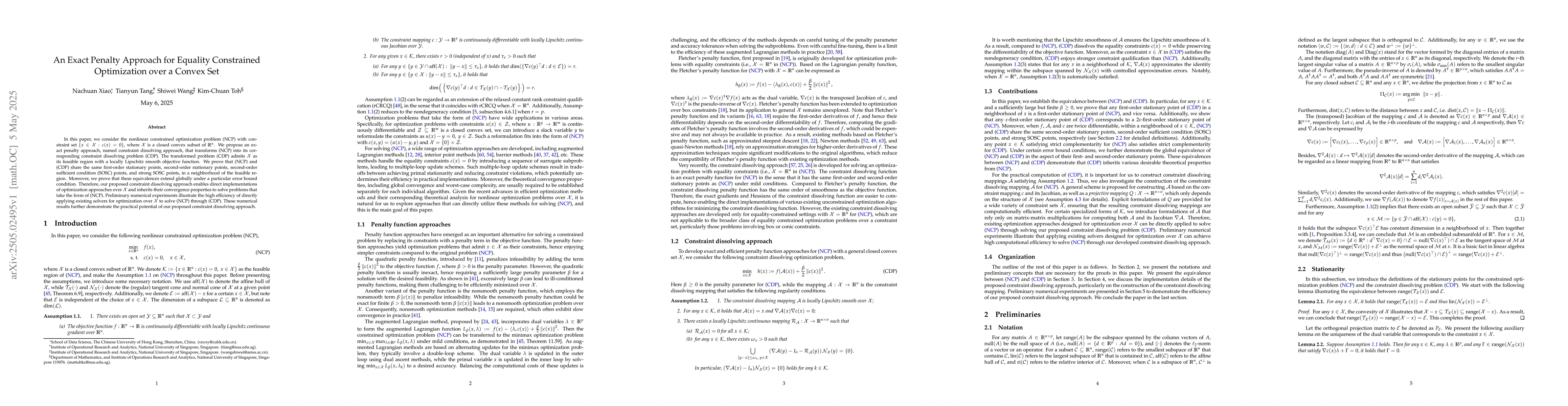 Thumbnail for An Exact Penalty Approach for Equality Constrained Optimization over a
  Convex Set