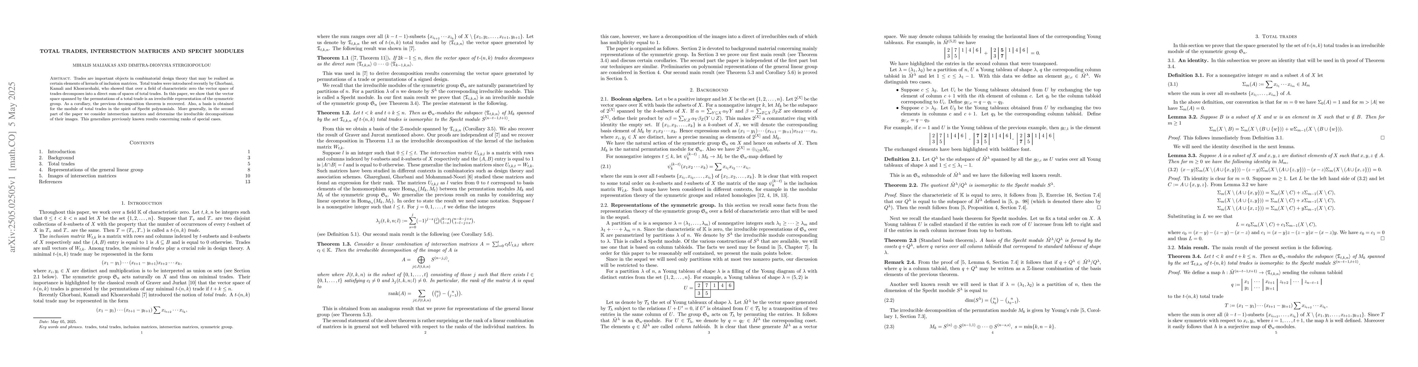Thumbnail for Total trades, intersection matrices and Specht modules