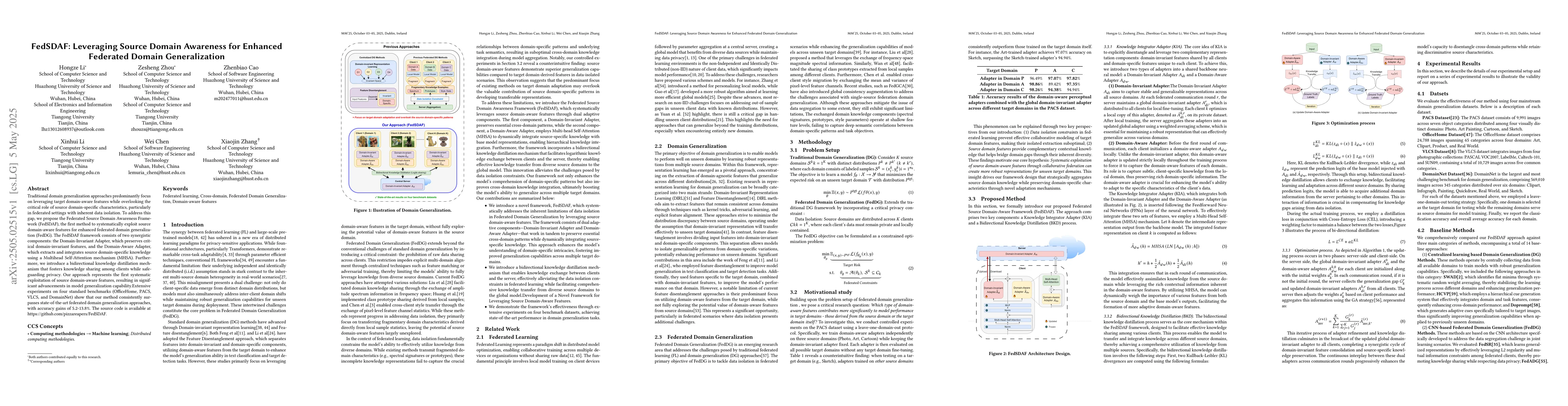 Thumbnail for FedSDAF: Leveraging Source Domain Awareness for Enhanced Federated
  Domain Generalization
