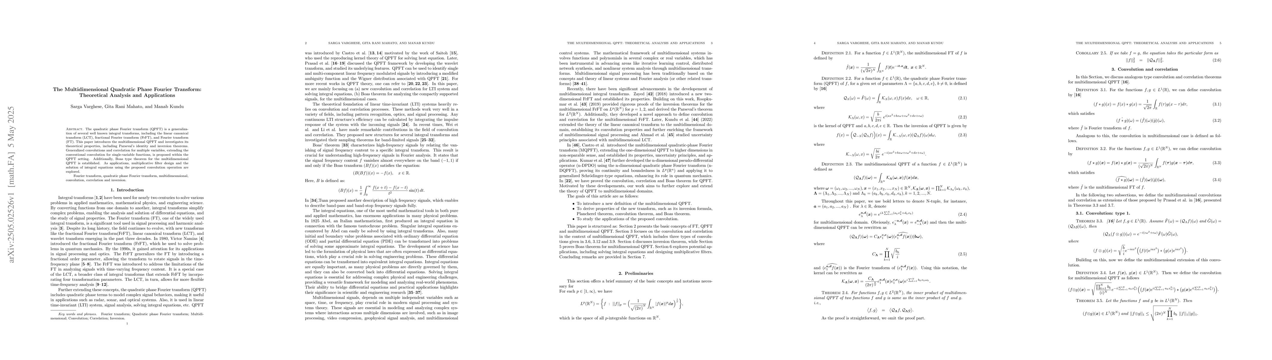 Thumbnail for The Multidimensional Quadratic Phase Fourier Transform: Theoretical
  Analysis and Applications