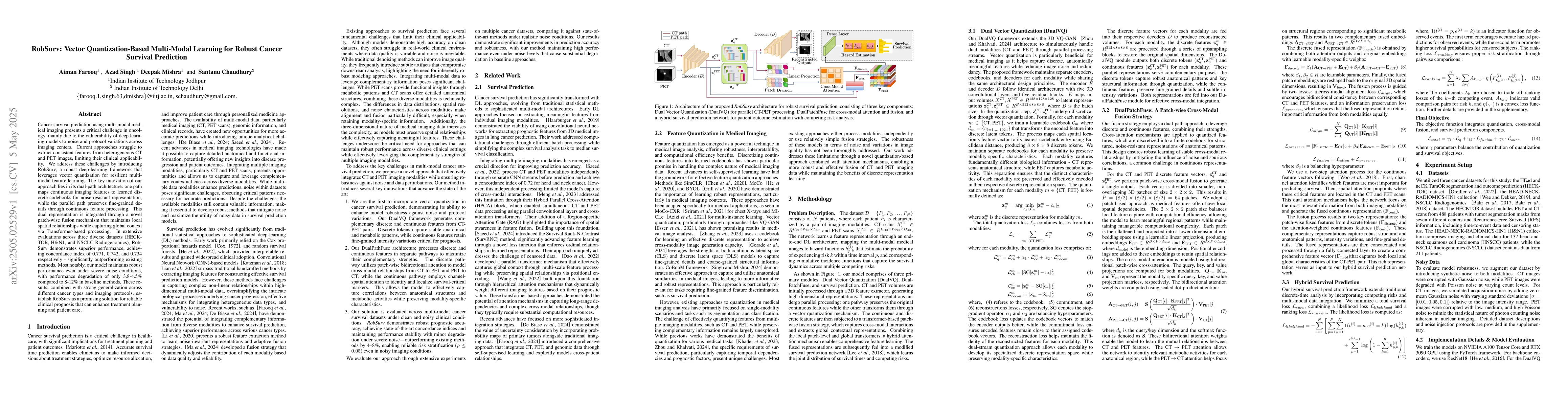 Thumbnail for RobSurv: Vector Quantization-Based Multi-Modal Learning for Robust
  Cancer Survival Prediction