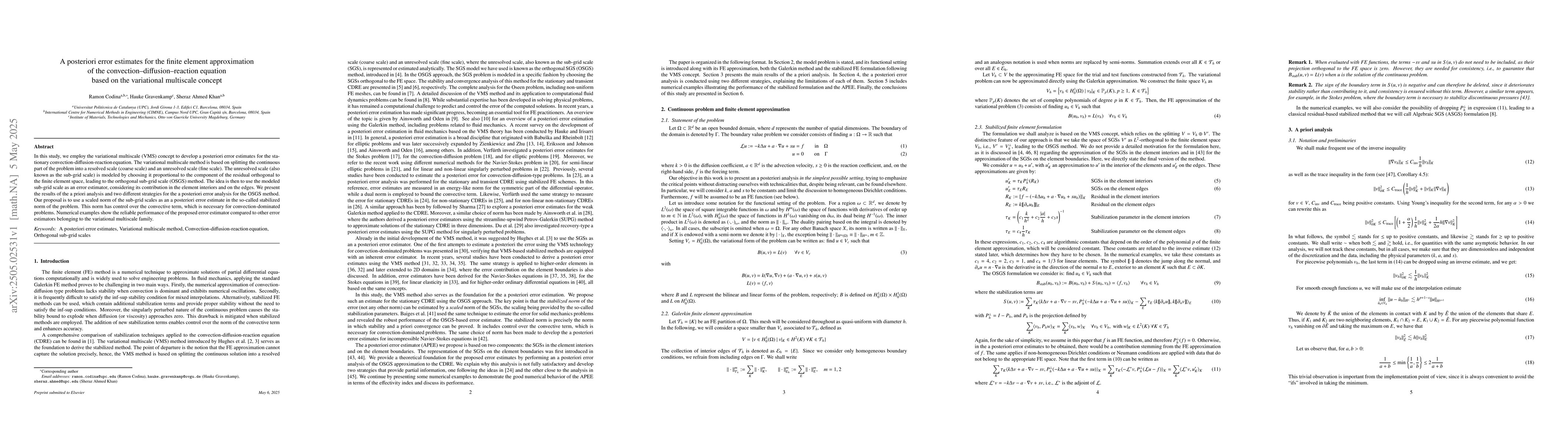 Thumbnail for A posteriori error estimates for the finite element approximation of the
  convection-diffusion-reaction equation based on the variational multiscale
  concept
