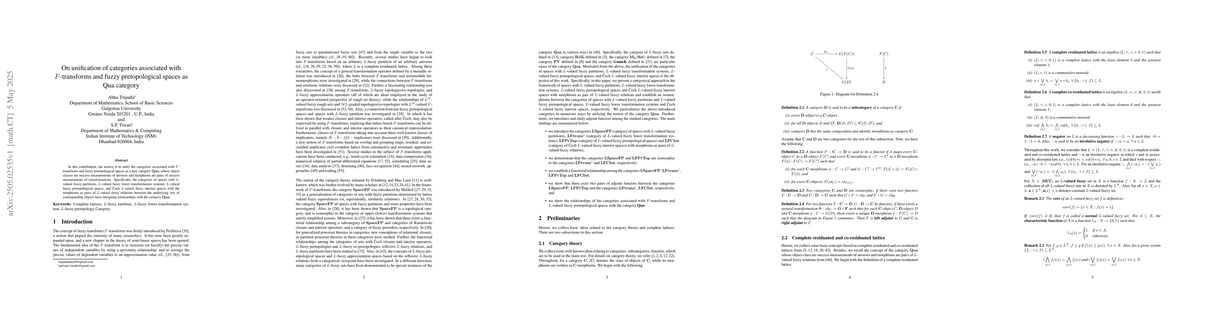 Thumbnail for On unification of categories associated with F -transforms and fuzzy
  pretopological spaces as Qua category