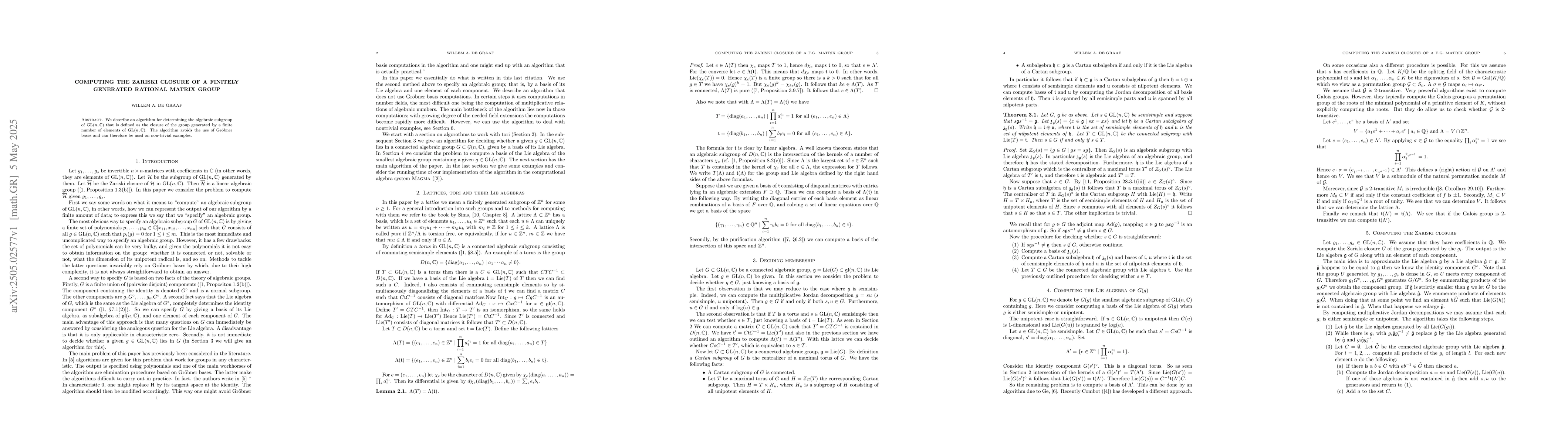 Thumbnail for Computing the Zariski closure of a finitely generated rational matrix
  group