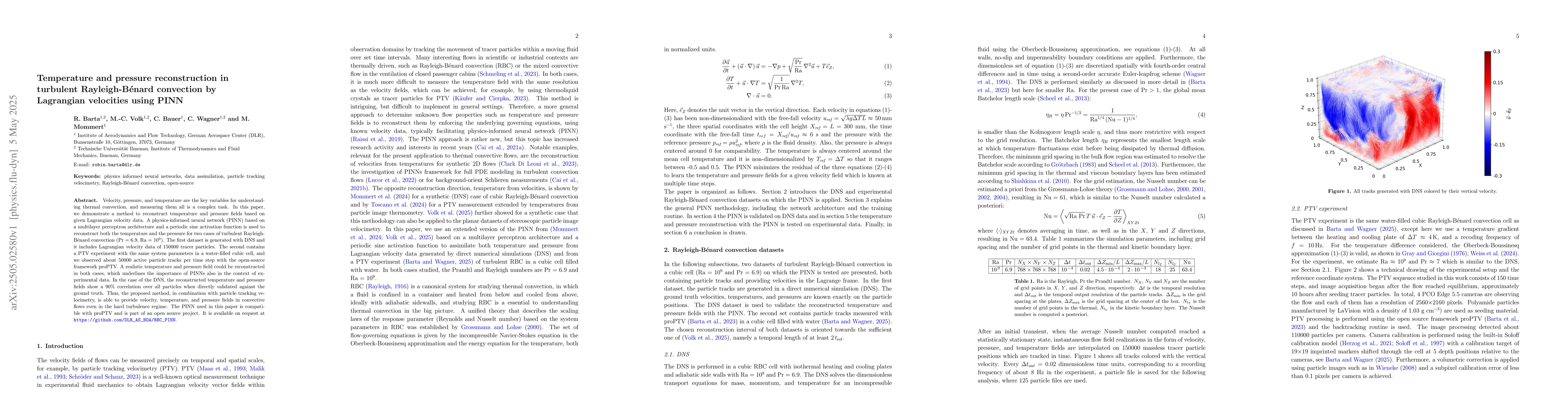 Thumbnail for Temperature and pressure reconstruction in turbulent Rayleigh-Bénard
  convection by Lagrangian velocities using PINN