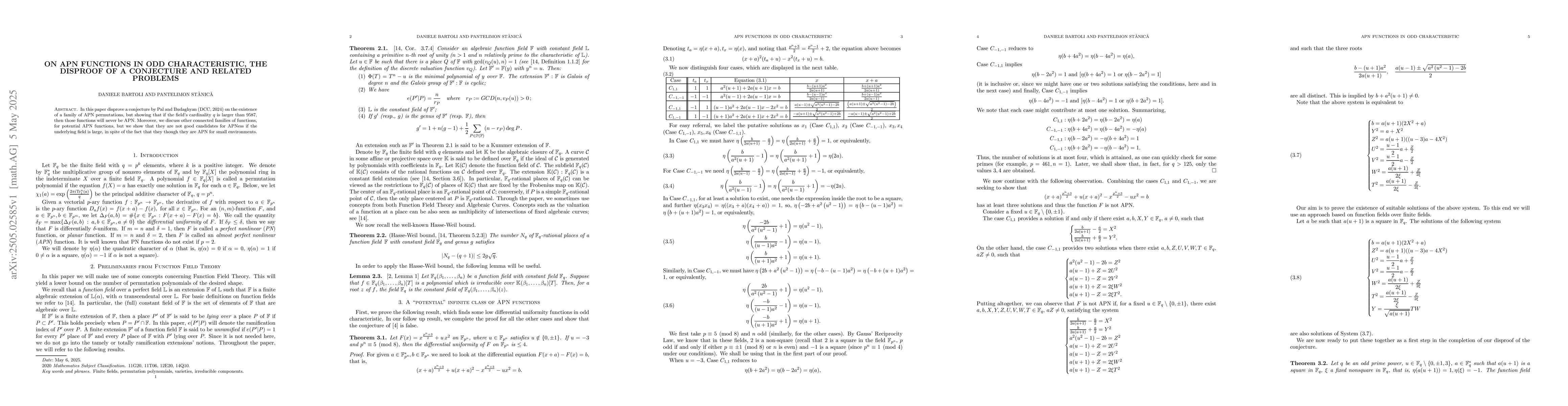 Thumbnail for On APN functions in odd characteristic, the disproof of a conjecture and
  related problems