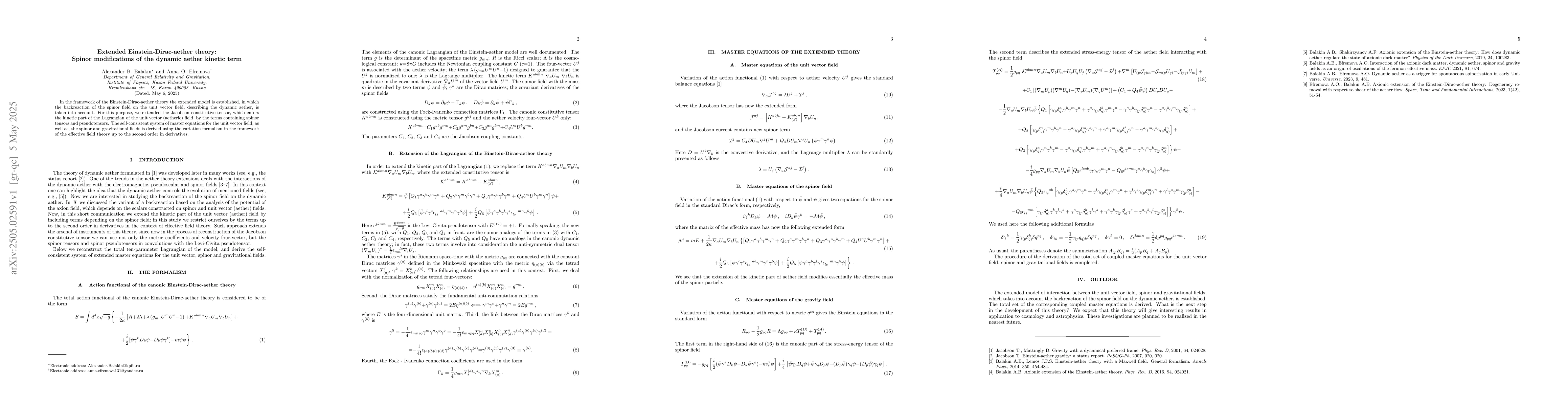 Thumbnail for Extended Einstein-Dirac-aether theory: Spinor modifications of the
  dynamic aether kinetic term