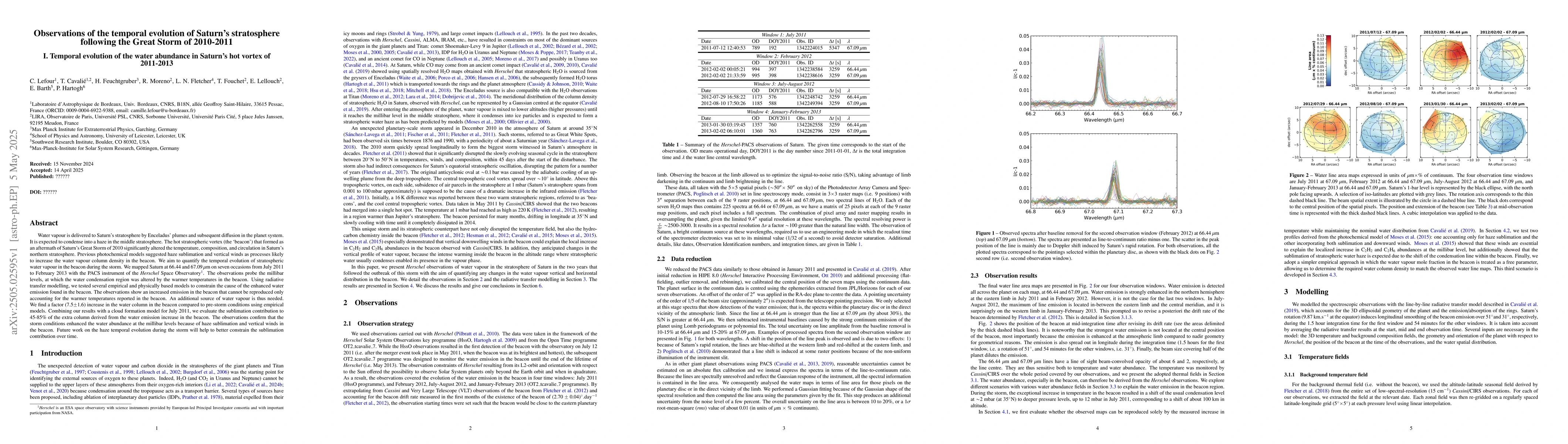 Thumbnail for Observations of the temporal evolution of Saturn's stratosphere
  following the Great Storm of 2010-2011 I. Temporal evolution of the water
  abundance in Saturn's hot vortex of 2011-2013