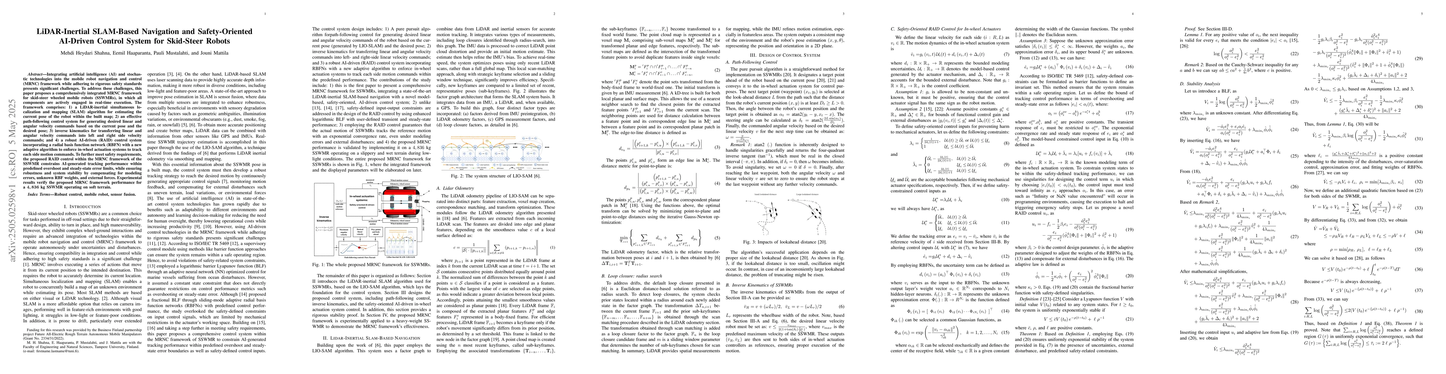 Thumbnail for LiDAR-Inertial SLAM-Based Navigation and Safety-Oriented AI-Driven
  Control System for Skid-Steer Robots