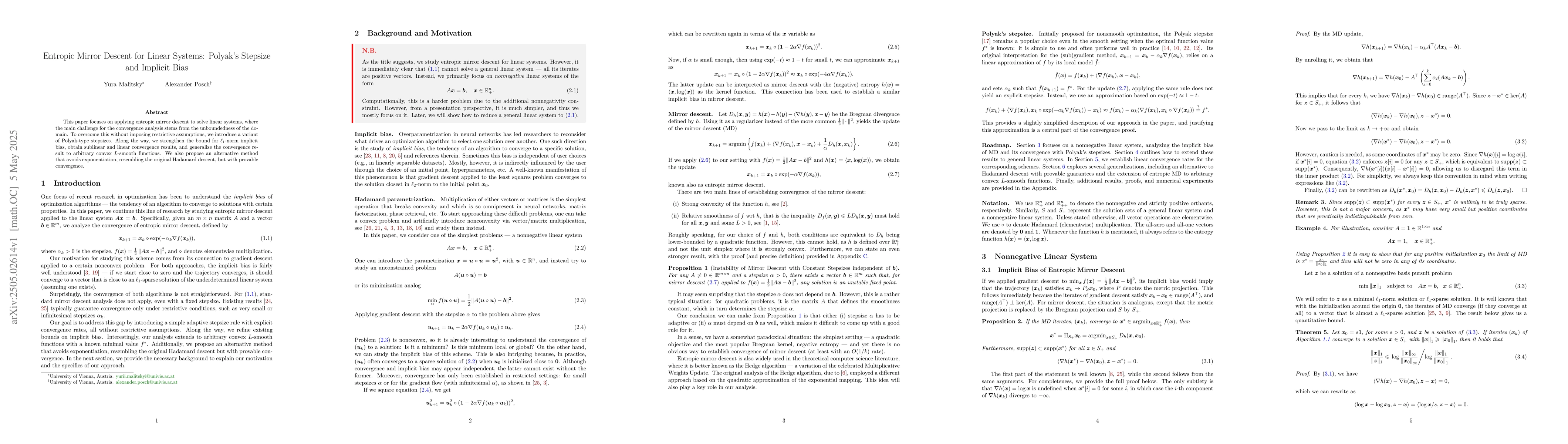 Thumbnail for Entropic Mirror Descent for Linear Systems: Polyak's Stepsize and
  Implicit Bias
