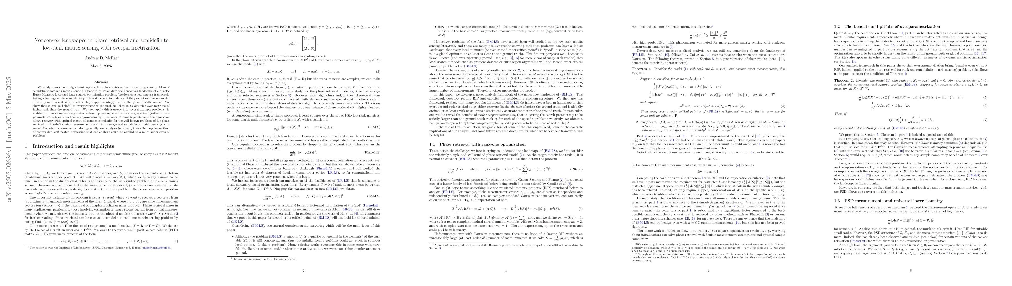 Thumbnail for Nonconvex landscapes in phase retrieval and semidefinite low-rank matrix
  sensing with overparametrization