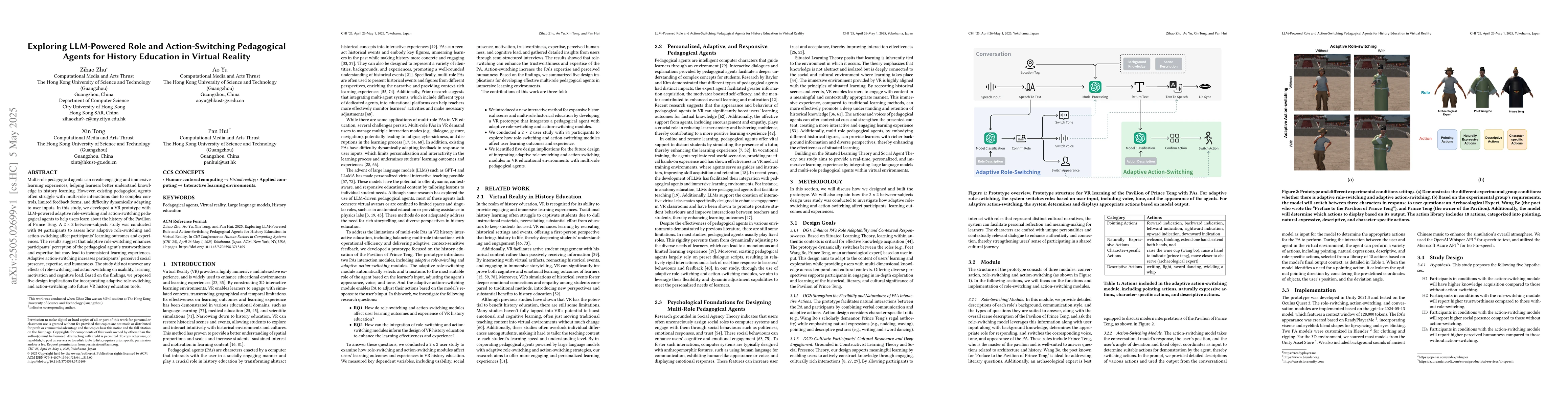 Thumbnail for Exploring LLM-Powered Role and Action-Switching Pedagogical Agents for
  History Education in Virtual Reality