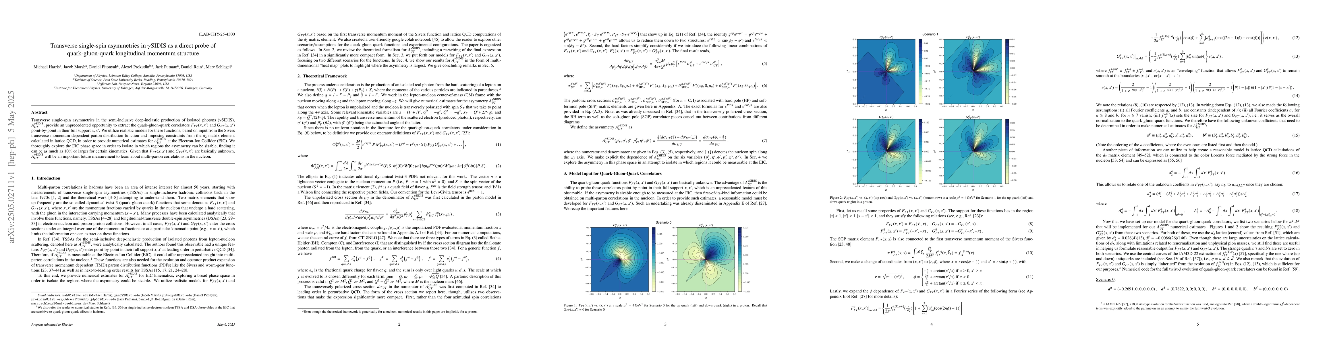 Thumbnail for Transverse single-spin asymmetries in $γ$SIDIS as a direct probe of
  quark-gluon-quark longitudinal momentum structure