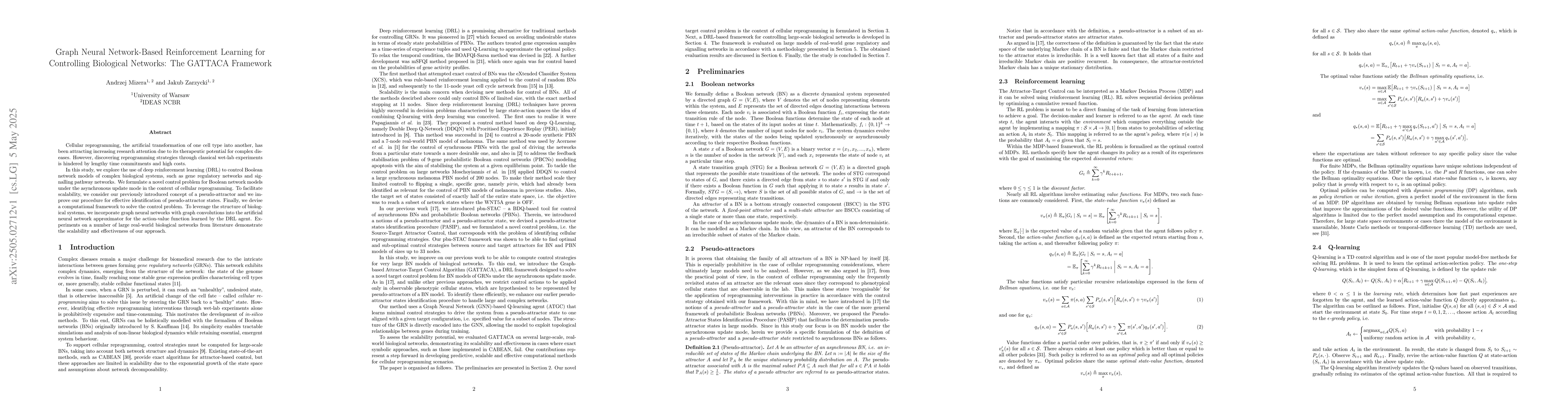Thumbnail for Graph Neural Network-Based Reinforcement Learning for Controlling
  Biological Networks: The GATTACA Framework