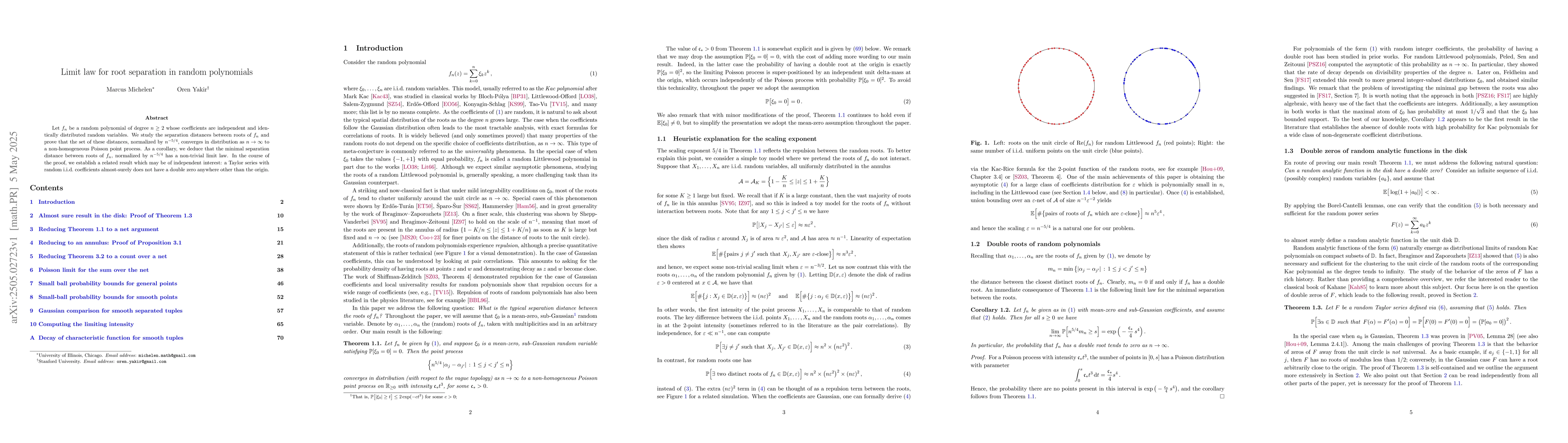 Thumbnail for Limit law for root separation in random polynomials
