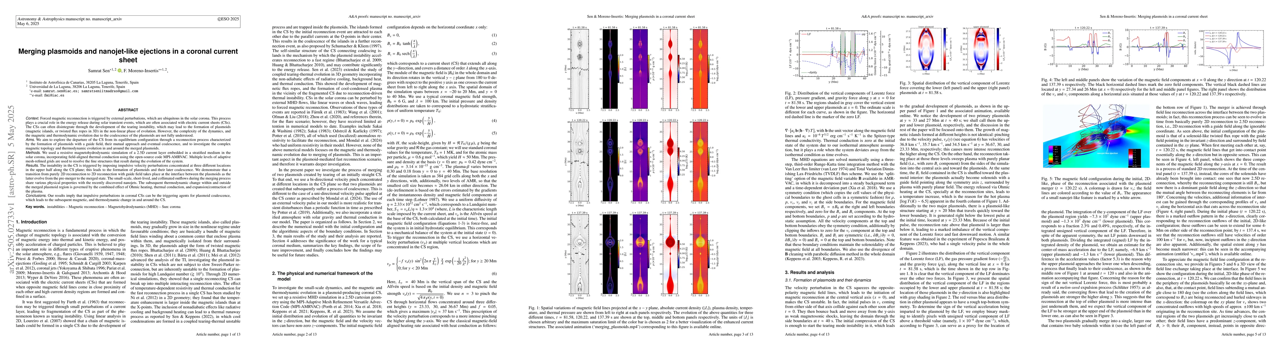 Thumbnail for Merging plasmoids and nanojet-like ejections in a coronal current sheet