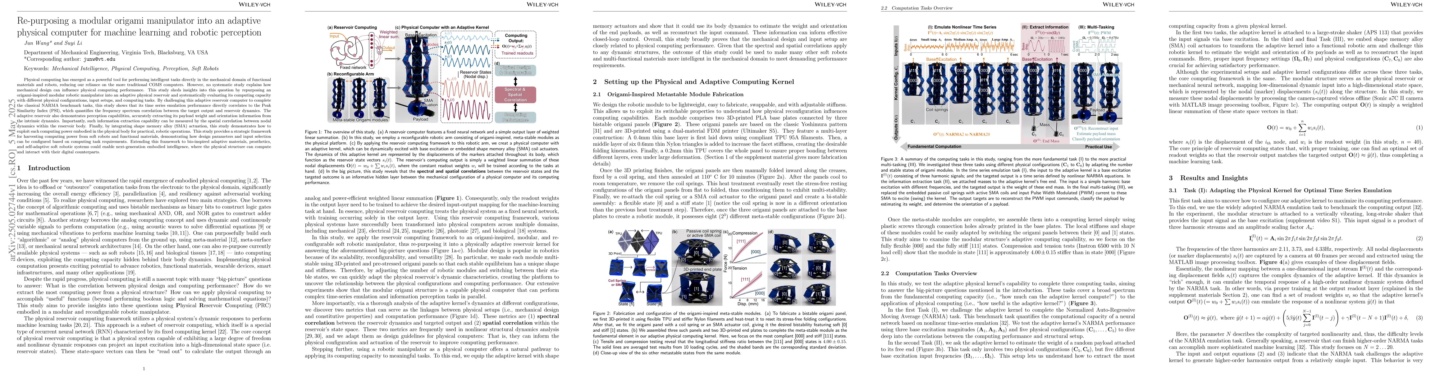 Thumbnail for Re-purposing a modular origami manipulator into an adaptive physical
  computer for machine learning and robotic perception