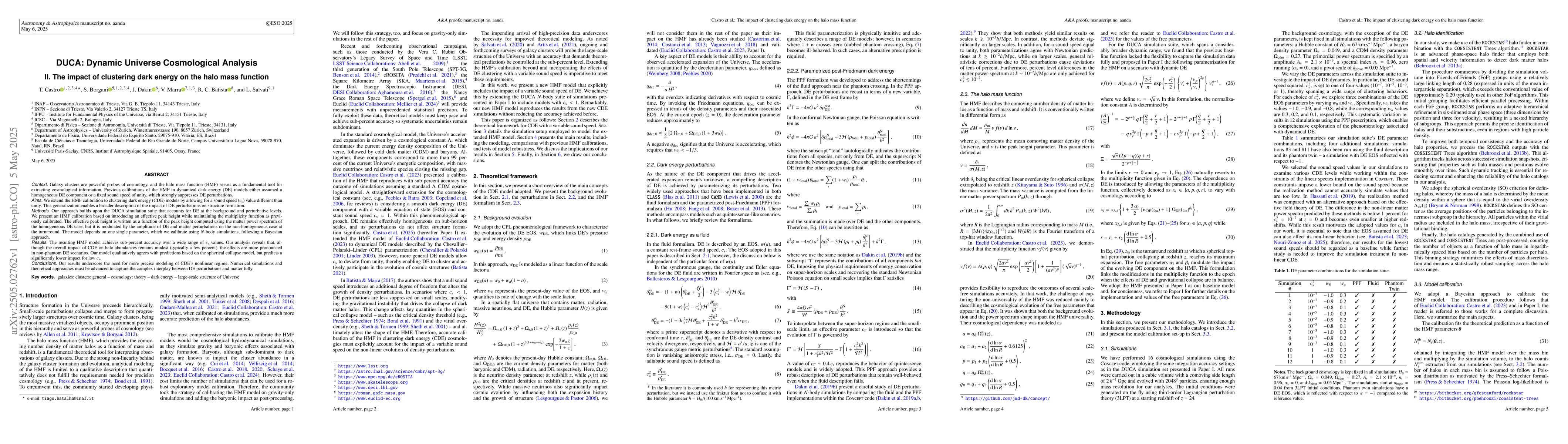 Thumbnail for DUCA: Dynamic Universe Cosmological Analysis. II. The impact of
  clustering dark energy on the halo mass function