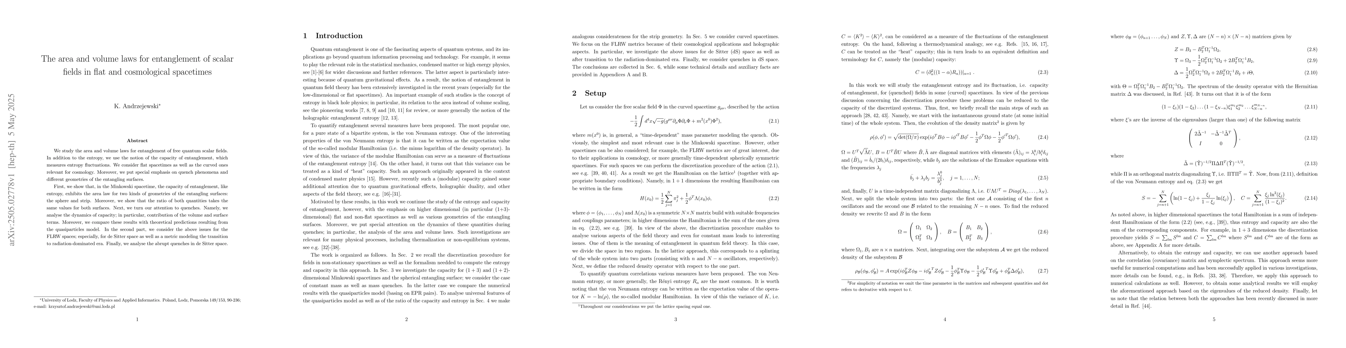 Thumbnail for The area and volume laws for entanglement of scalar fields in flat and
  cosmological spacetimes