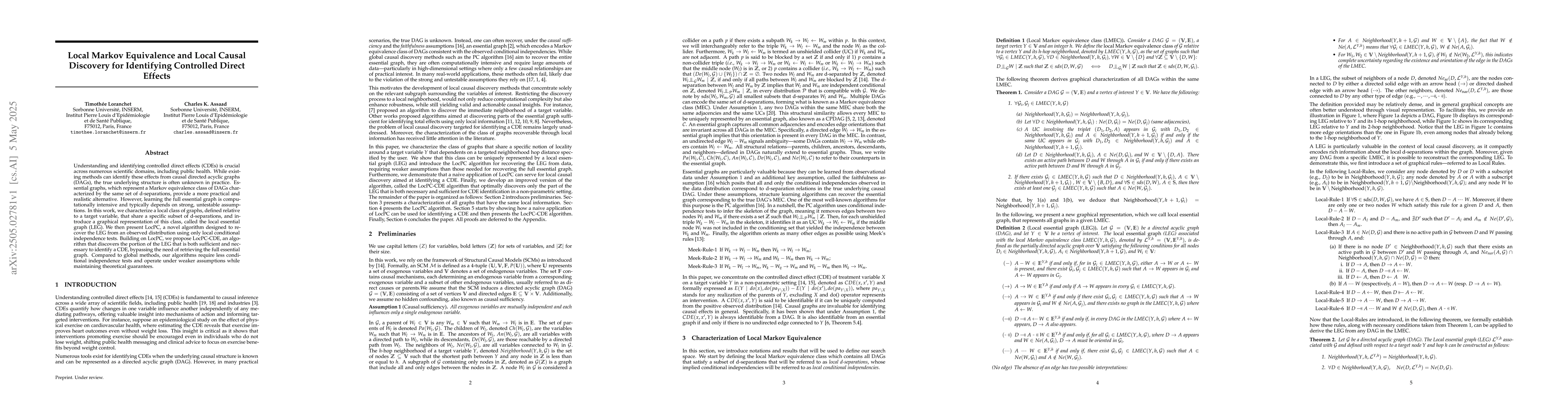 Thumbnail for Local Markov Equivalence and Local Causal Discovery for Identifying
  Controlled Direct Effects