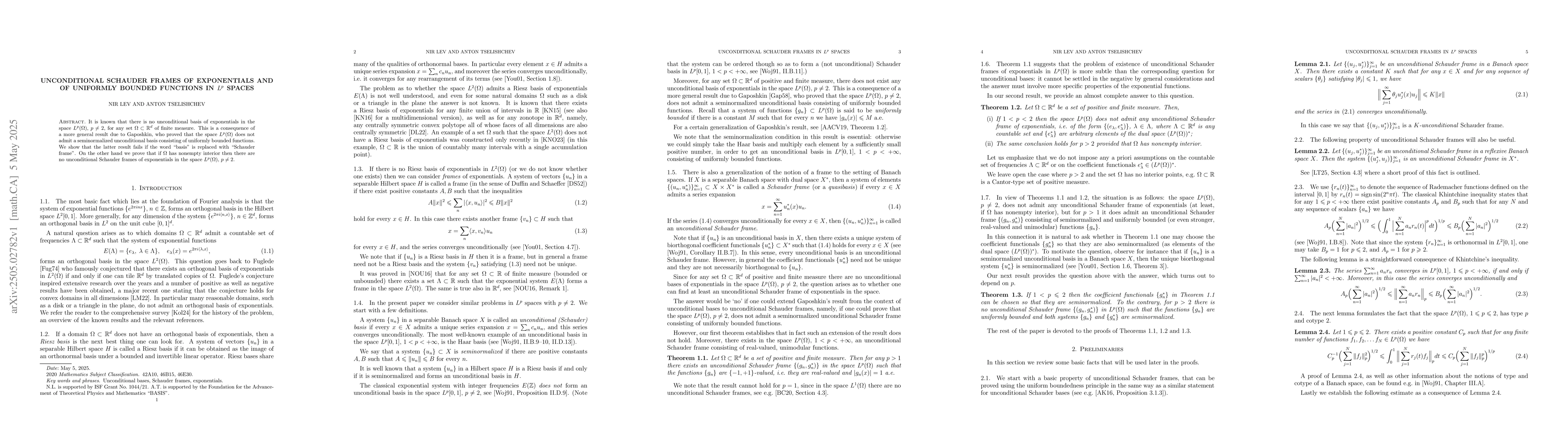 Thumbnail for Unconditional Schauder frames of exponentials and of uniformly bounded
  functions in $L^p$ spaces