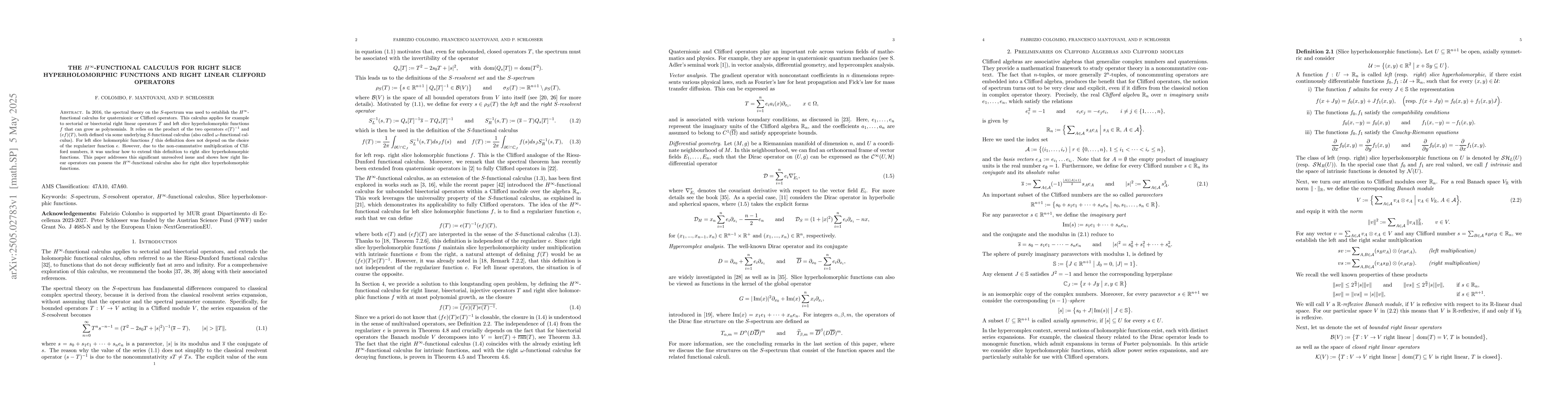 Thumbnail for The $H^\infty$-functional calculus for right slice hyperholomorphic
  functions and right linear Clifford operators
