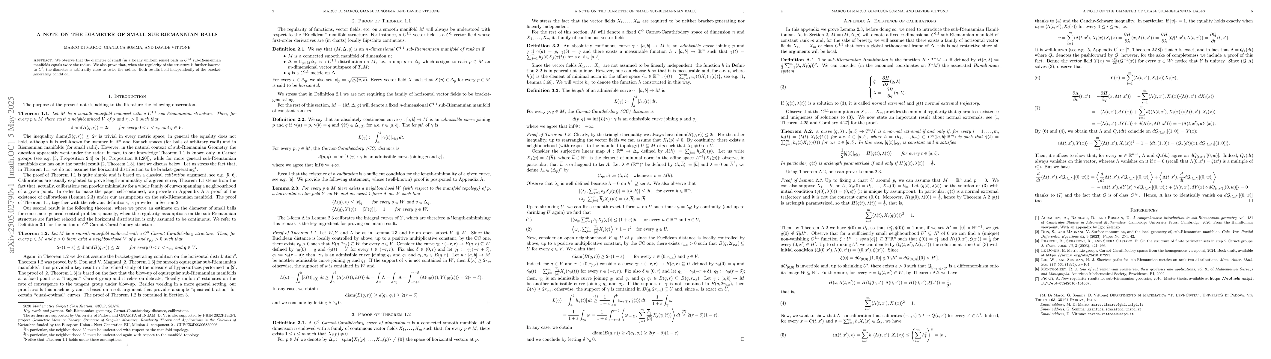 Thumbnail for A note on the diameter of small sub-Riemannian balls