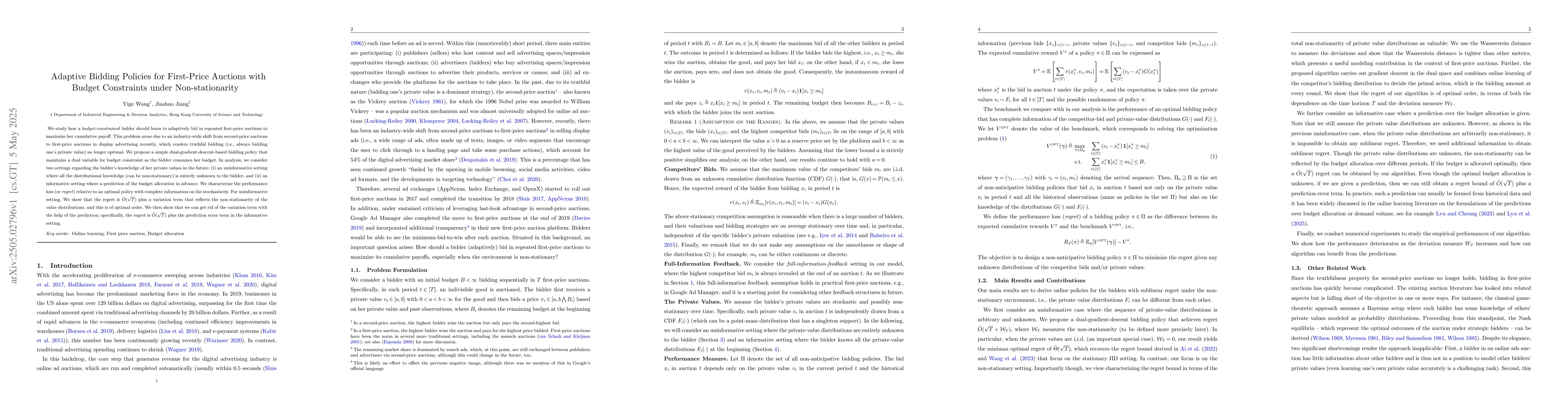 Thumbnail for Adaptive Bidding Policies for First-Price Auctions with Budget
  Constraints under Non-stationarity