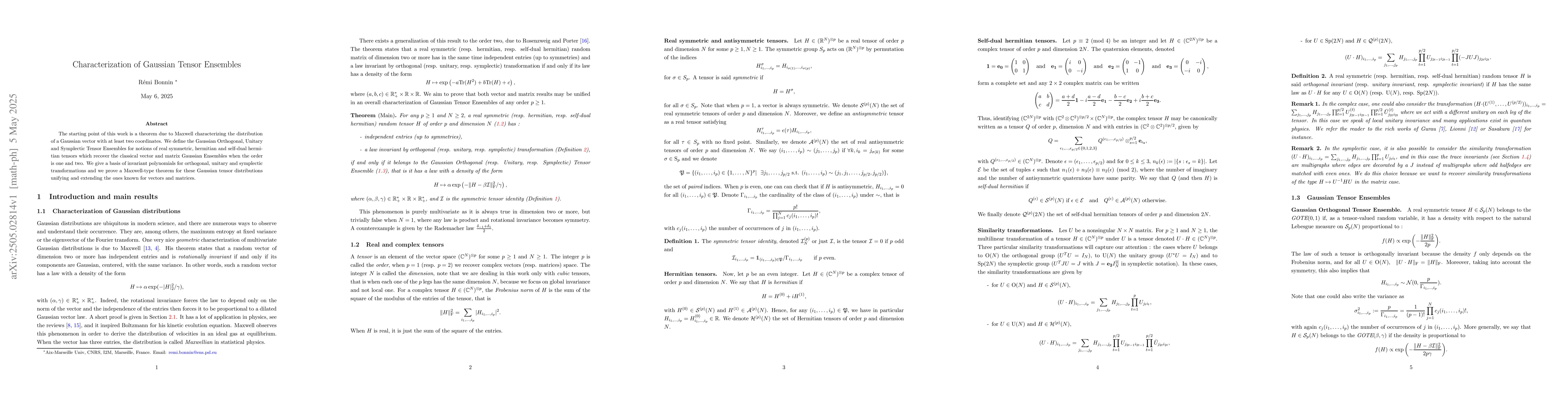 Thumbnail for Characterization of Gaussian Tensor Ensembles