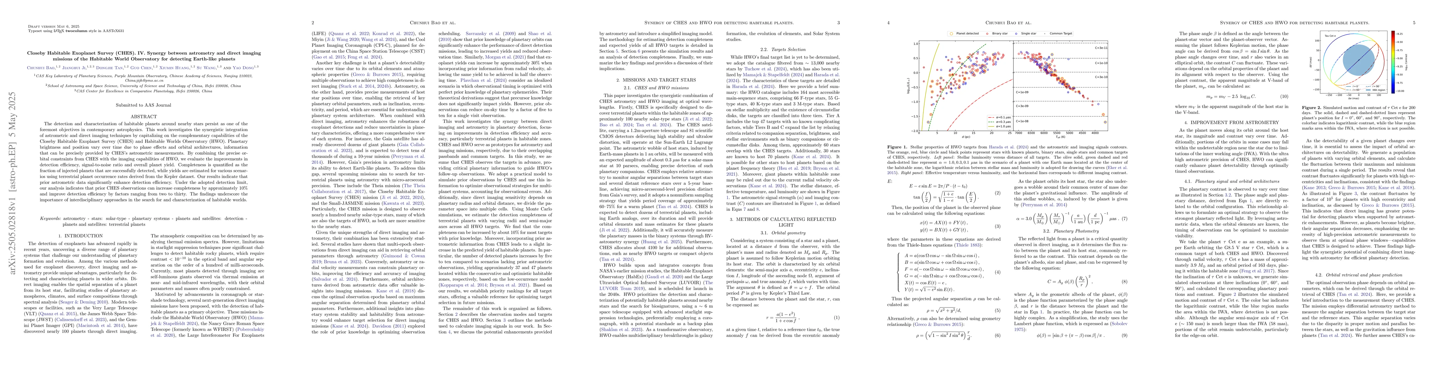Thumbnail for Closeby Habitable Exoplanet Survey (CHES). IV. Synergy between
  astrometry and direct imaging missions of the Habitable World Observatory for
  detecting Earth-like planets