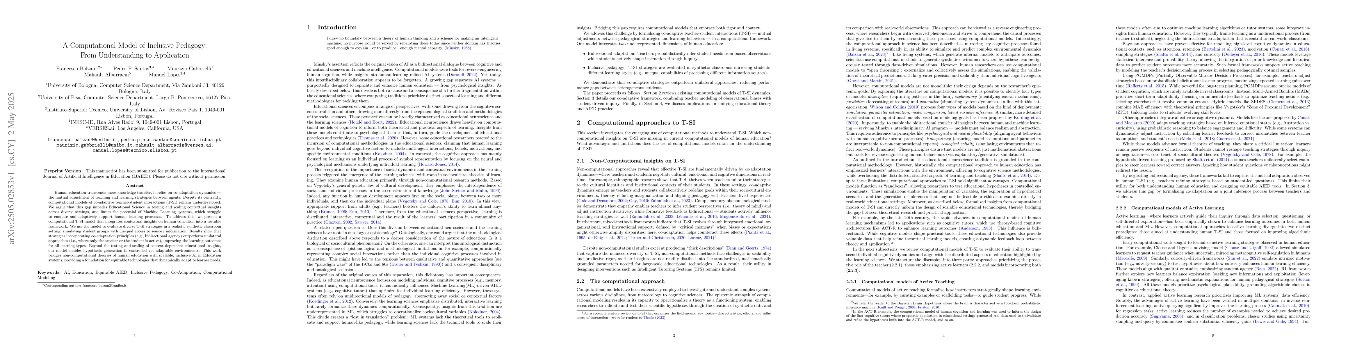Thumbnail for A Computational Model of Inclusive Pedagogy: From Understanding to
  Application