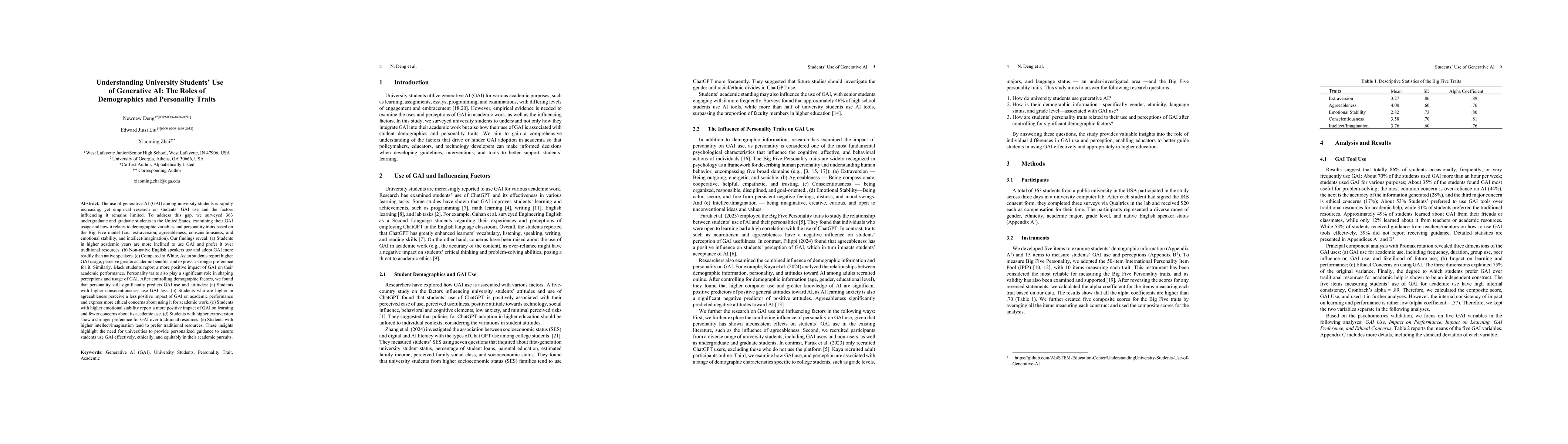 Thumbnail for Understanding University Students' Use of Generative AI: The Roles of
  Demographics and Personality Traits