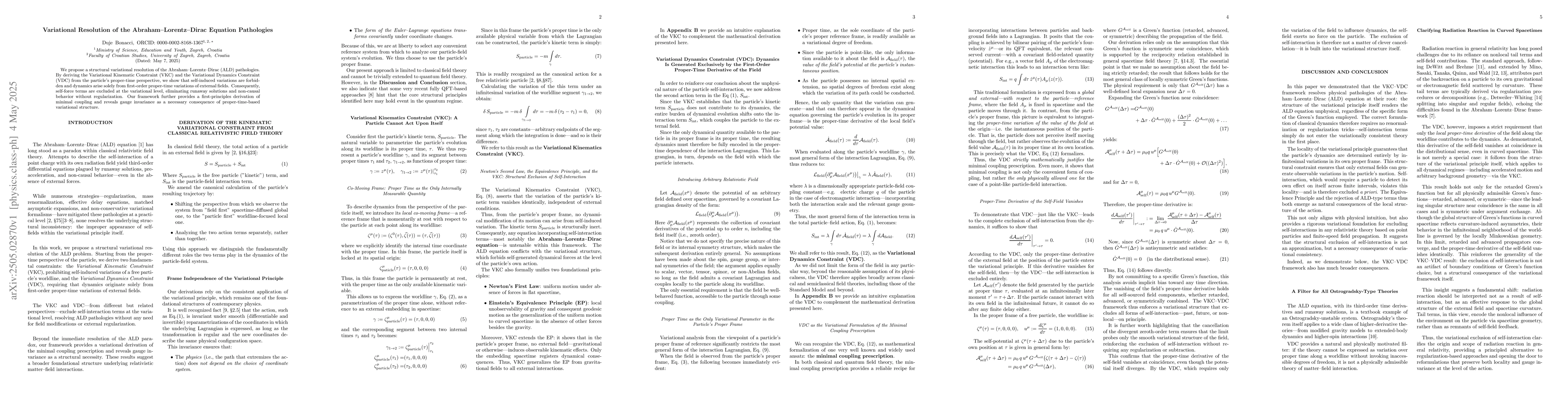Thumbnail for Variational Resolution of the Abraham-Lorentz-Dirac Equation Pathologies