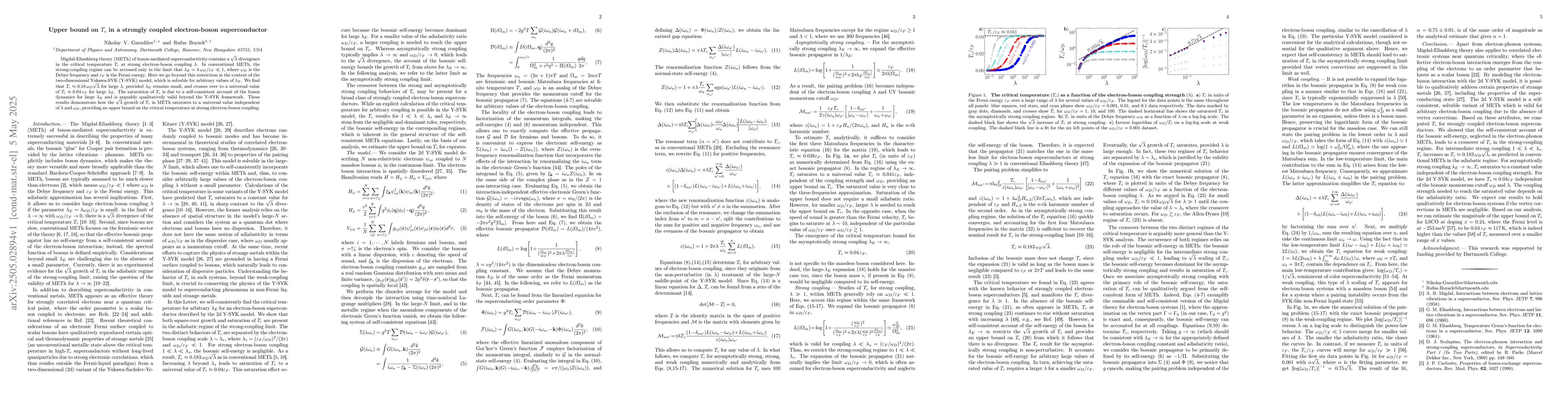 Thumbnail for Upper bound on $T_c$ in a strongly coupled electron-boson superconductor