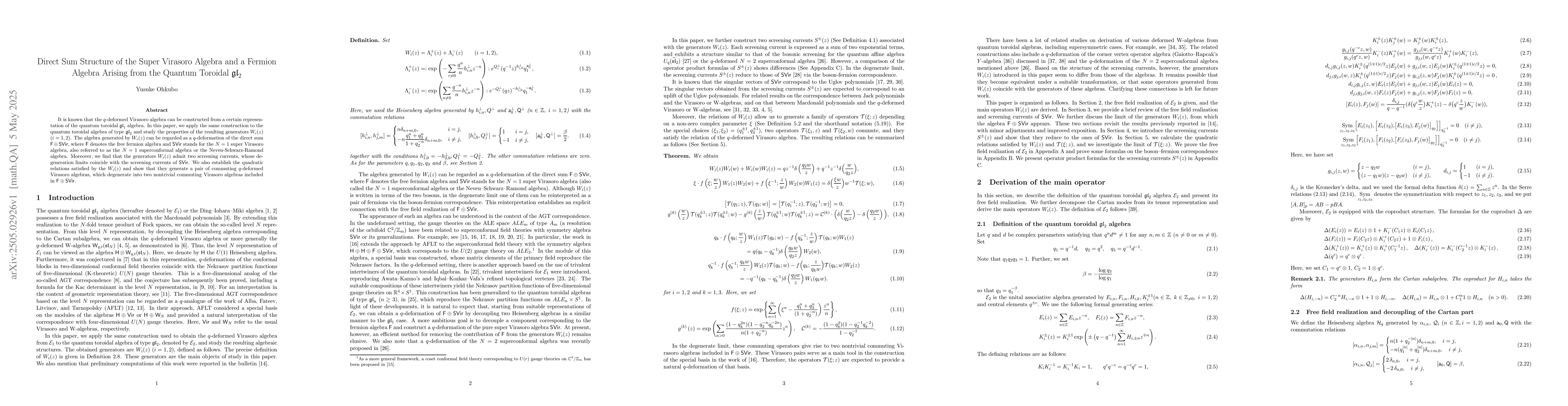 Thumbnail for Direct Sum Structure of the Super Virasoro Algebra and a Fermion Algebra
  Arising from the Quantum Toroidal $\mathfrak{gl}_2$