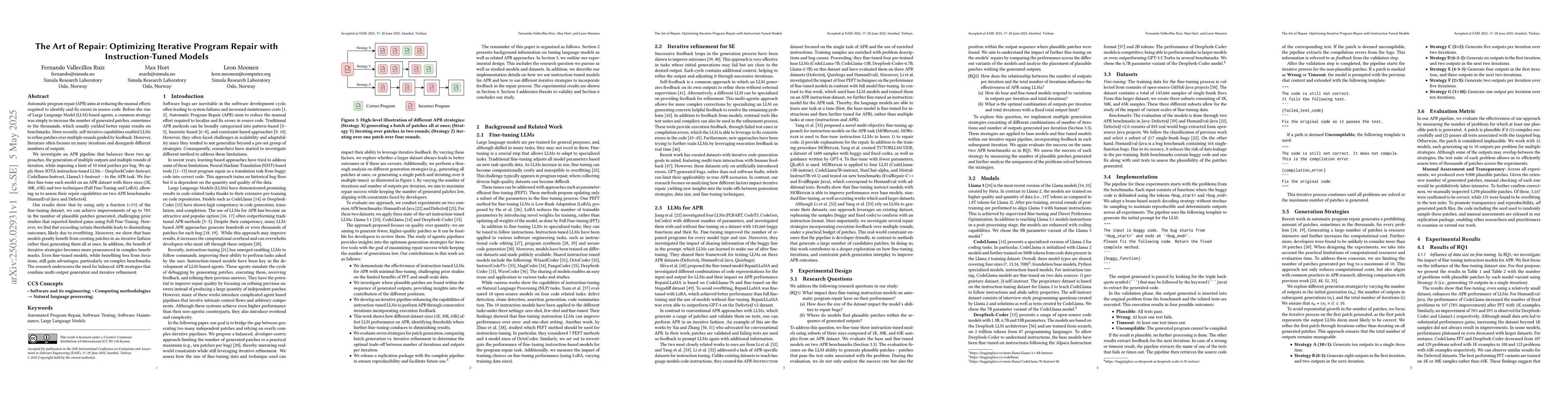 Thumbnail for The Art of Repair: Optimizing Iterative Program Repair with
  Instruction-Tuned Models