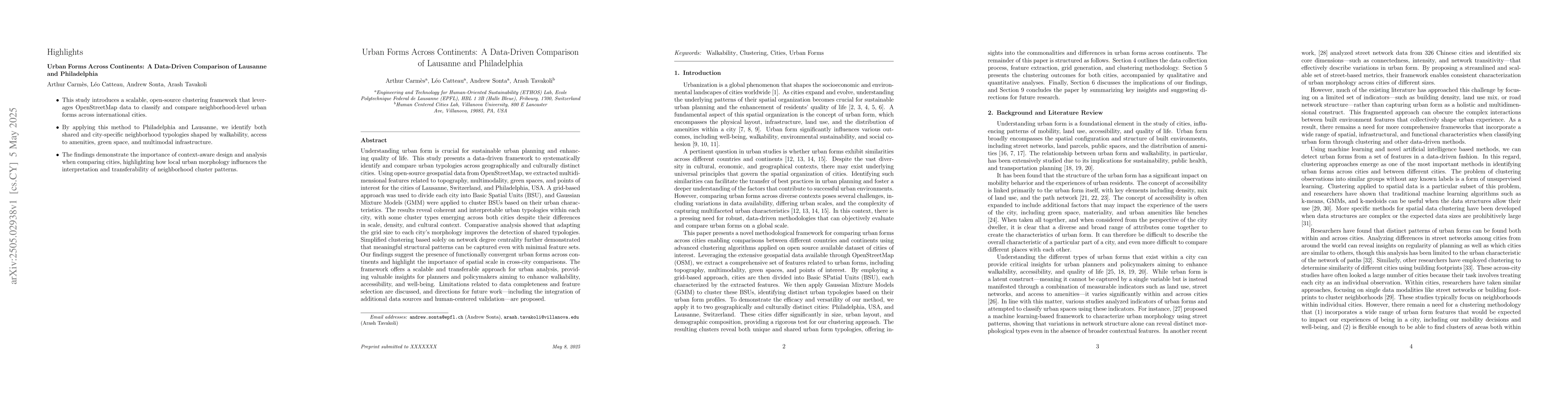 Thumbnail for Urban Forms Across Continents: A Data-Driven Comparison of Lausanne and
  Philadelphia