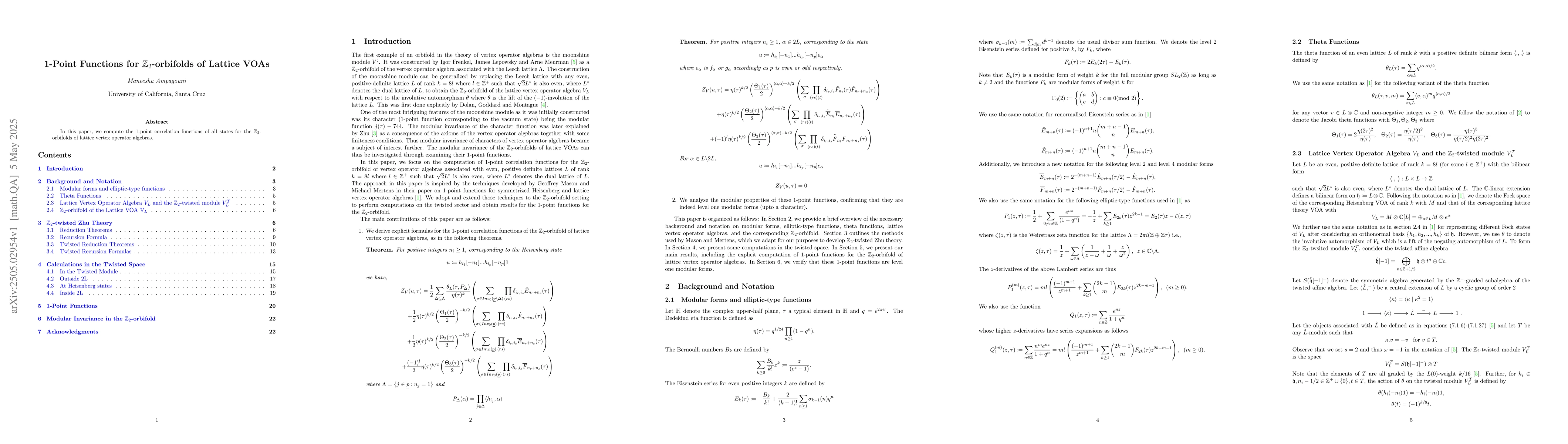 Thumbnail for 1-Point Functions for $\mathbb{Z}_2$-orbifolds of Lattice VOAs