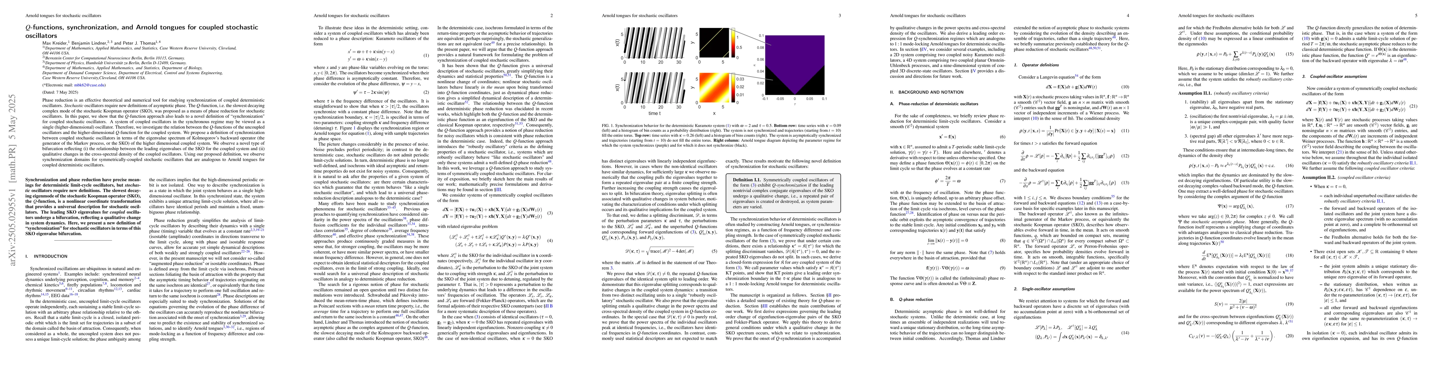 Thumbnail for $Q$-functions, synchronization, and Arnold tongues for coupled
  stochastic oscillators